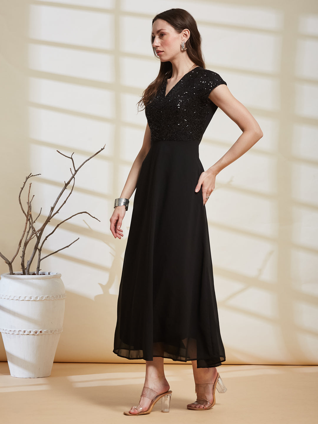 Latin Quarters Women's Black Embellished V-Neck Cap Sleeve Party Fit & Flare Dress