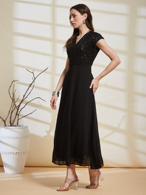 Latin Quarters Women's Black Embellished V-Neck Cap Sleeve Party Fit & Flare Dress