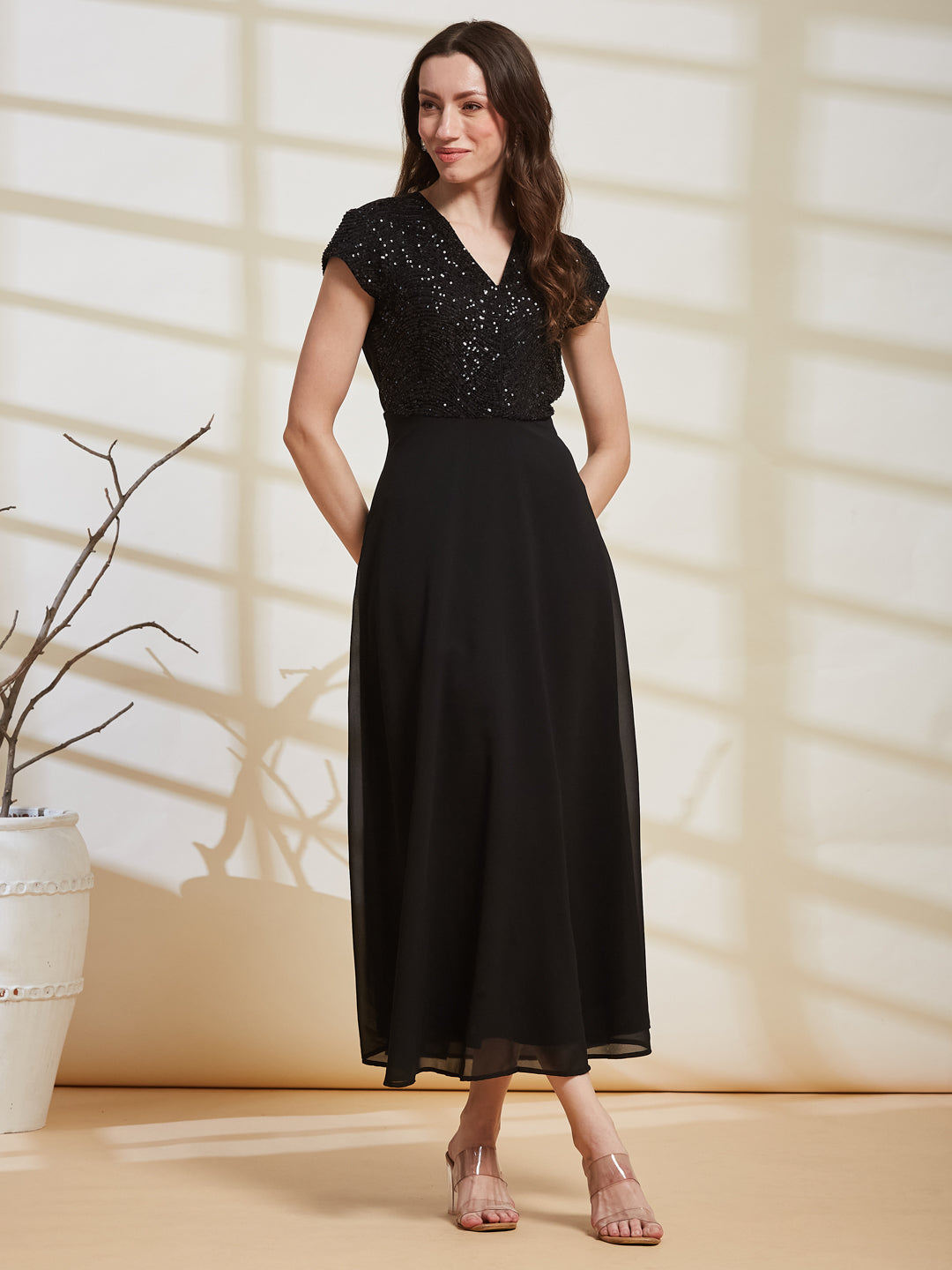 Latin Quarters Women's Black Embellished V-Neck Cap Sleeve Party Fit & Flare Dress