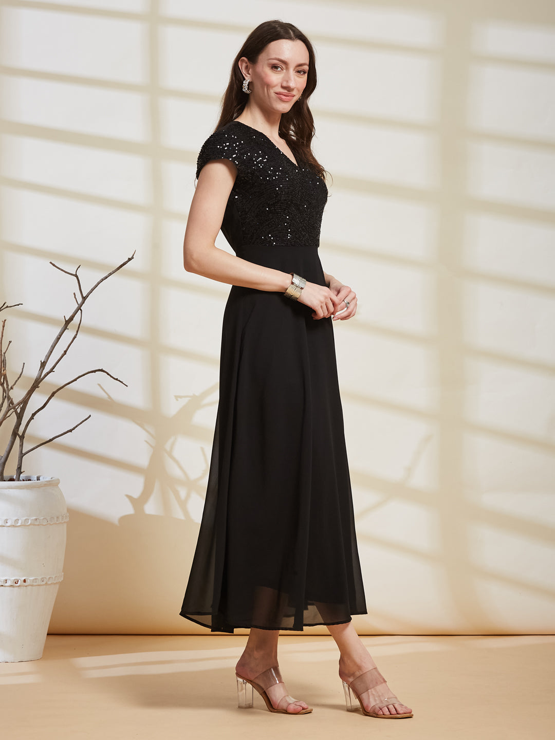 Latin Quarters Women's Black Embellished V-Neck Cap Sleeve Party Fit & Flare Dress