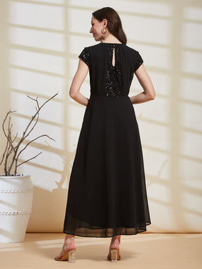 Latin Quarters Women's Black Embellished V-Neck Cap Sleeve Party Fit & Flare Dress