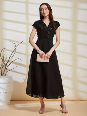 Latin Quarters Women's Black Embellished V-Neck Cap Sleeve Party Fit & Flare Dress