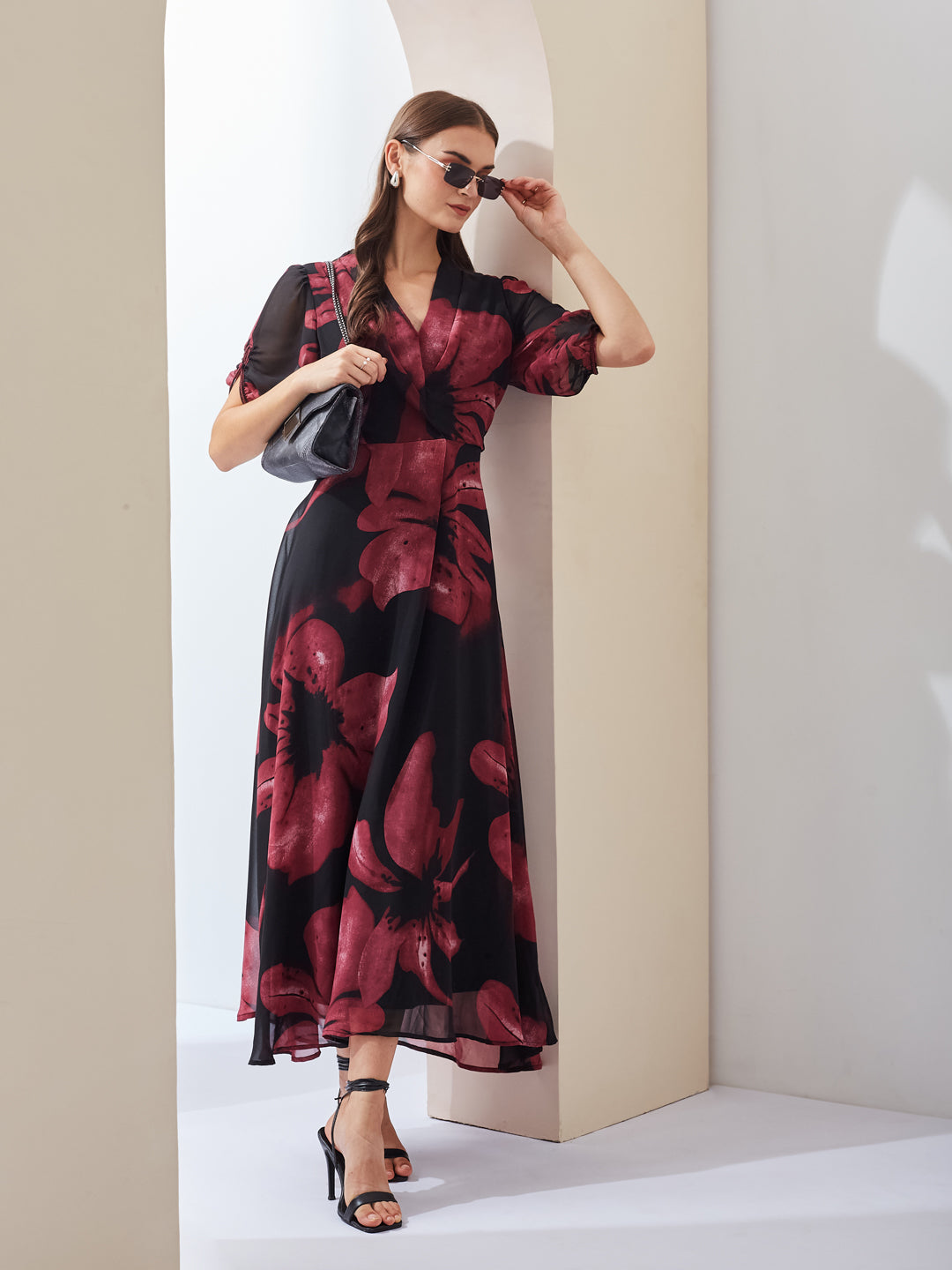 Latin Quarters Women's Black Printed Half Sleeves V-Neck Casual A-Line Dress