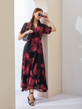 Latin Quarters Women's Black Printed Half Sleeves V-Neck Casual A-Line Dress