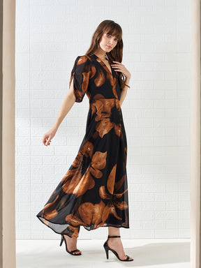 Latin Quarters Women's Brown Printed V-Neck Half Sleeves Casual A-Line Dress