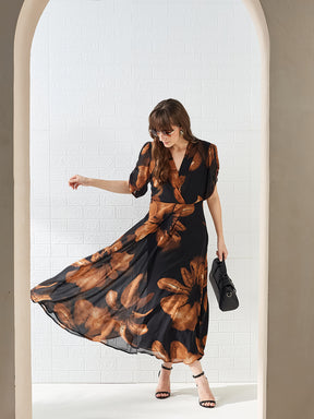 Latin Quarters Women's Brown Printed V-Neck Half Sleeves Casual A-Line Dress