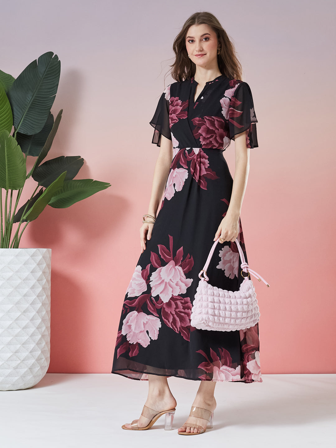 Latin Quarters Women's Black Printed Half Sleeve V-Neck Casual A-Line Dress
