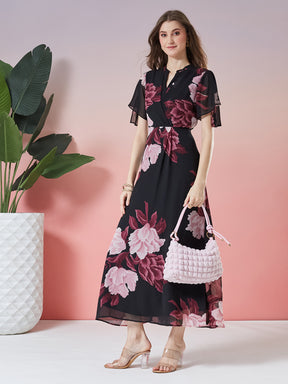 Latin Quarters Women's Black Printed Half Sleeve V-Neck Casual A-Line Dress