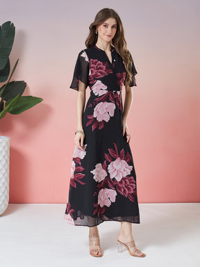 Latin Quarters Women's Black Printed Half Sleeve V-Neck Casual A-Line Dress
