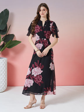 Latin Quarters Women's Black Printed Half Sleeve V-Neck Casual A-Line Dress