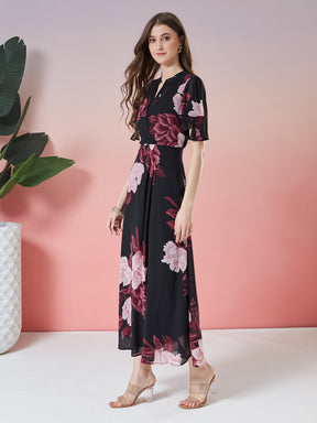Latin Quarters Women's Black Printed Half Sleeve V-Neck Casual A-Line Dress