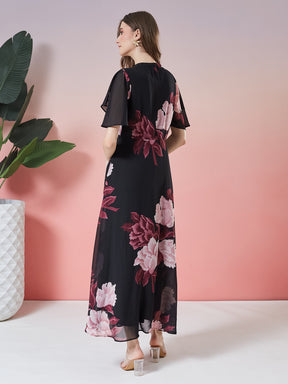 Latin Quarters Women's Black Printed Half Sleeve V-Neck Casual A-Line Dress