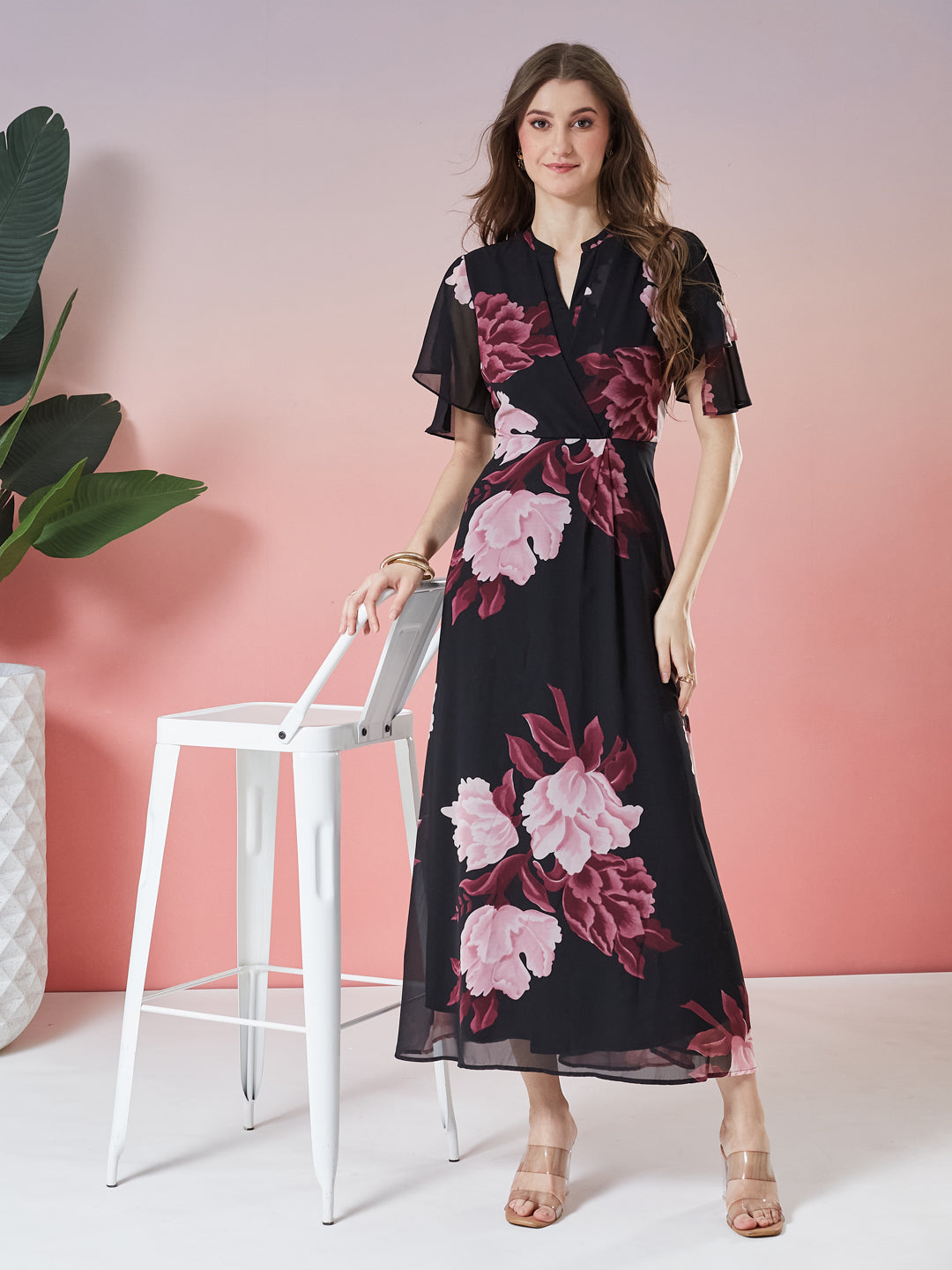 Latin Quarters Women's Black Printed Half Sleeve V-Neck Casual A-Line Dress