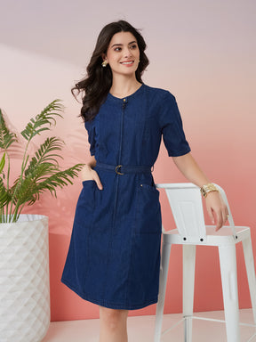Latin Quarters Women's Blue Solid Round Neck Half Sleeves Casual Bodycon Dress