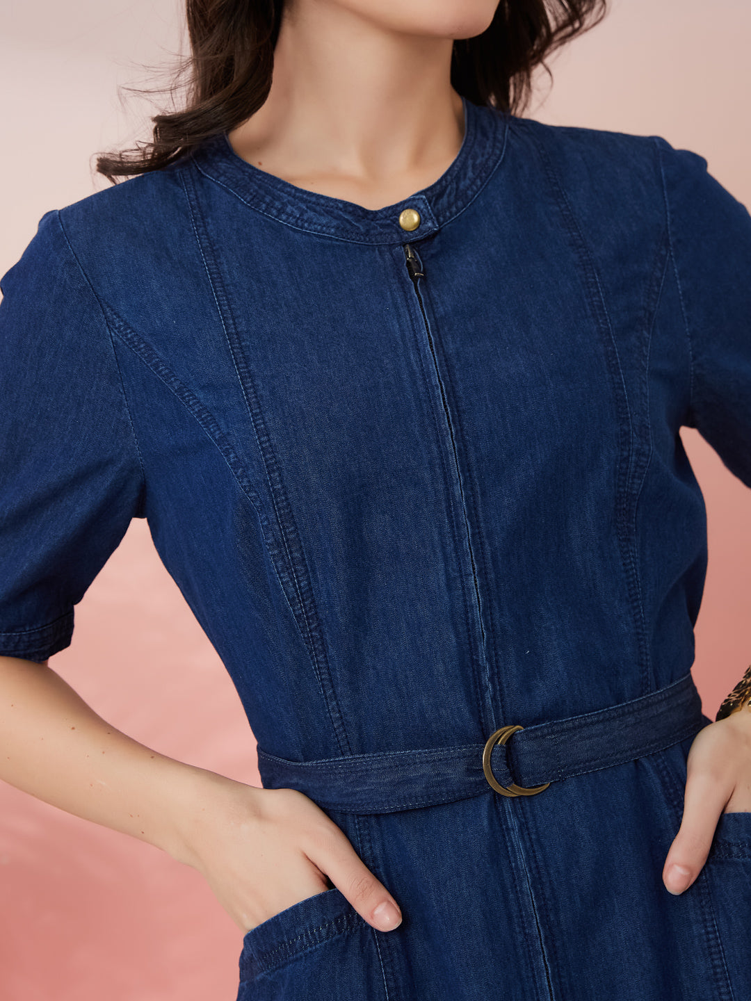 Latin Quarters Women's Blue Solid Round Neck Half Sleeves Casual Bodycon Dress
