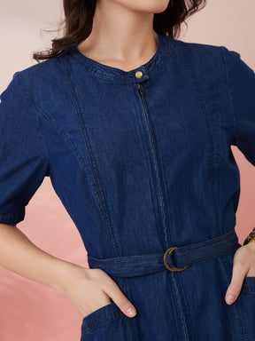Latin Quarters Women's Blue Solid Round Neck Half Sleeves Casual Bodycon Dress