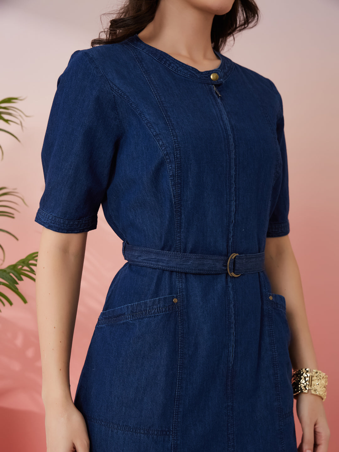 Latin Quarters Women's Blue Solid Round Neck Half Sleeves Casual Bodycon Dress