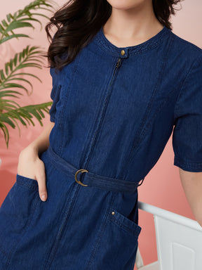 Latin Quarters Women's Blue Solid Round Neck Half Sleeves Casual Bodycon Dress