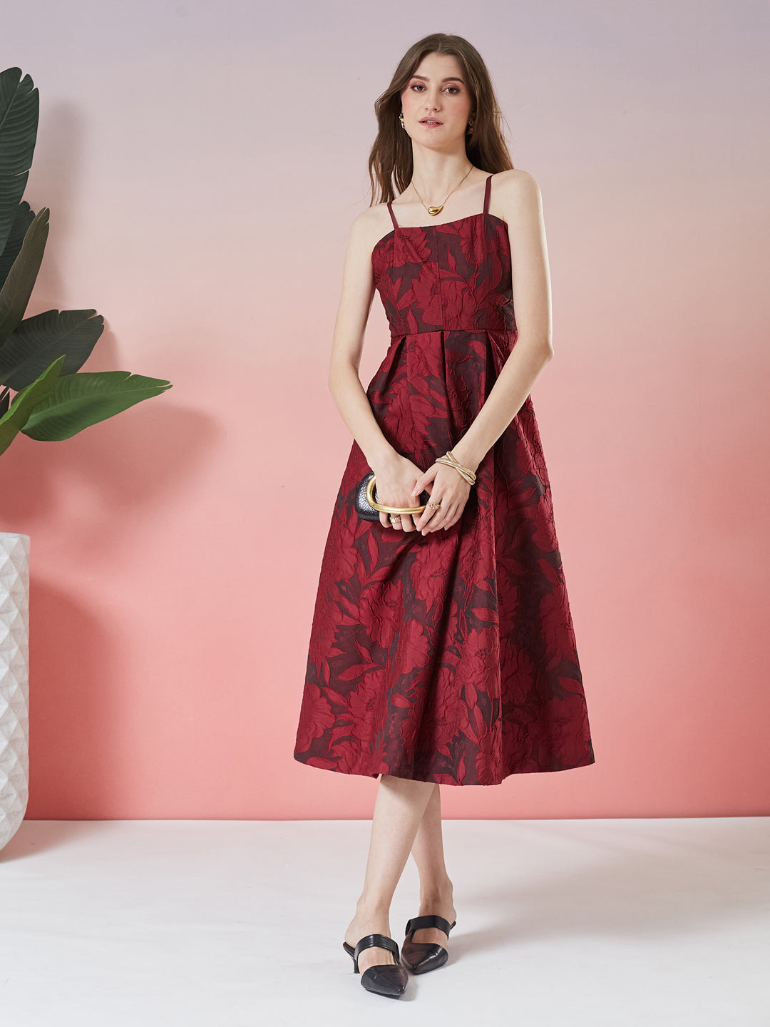 Latin Quarters Women's Wine Self Design Strappy Square Neck Party A-Line Dress