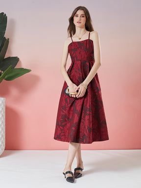 Latin Quarters Women's Wine Self Design Strappy Square Neck Party A-Line Dress