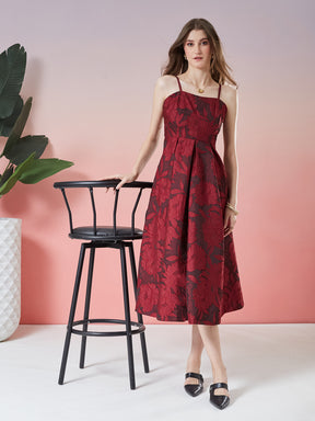 Latin Quarters Women's Wine Self Design Strappy Square Neck Party A-Line Dress