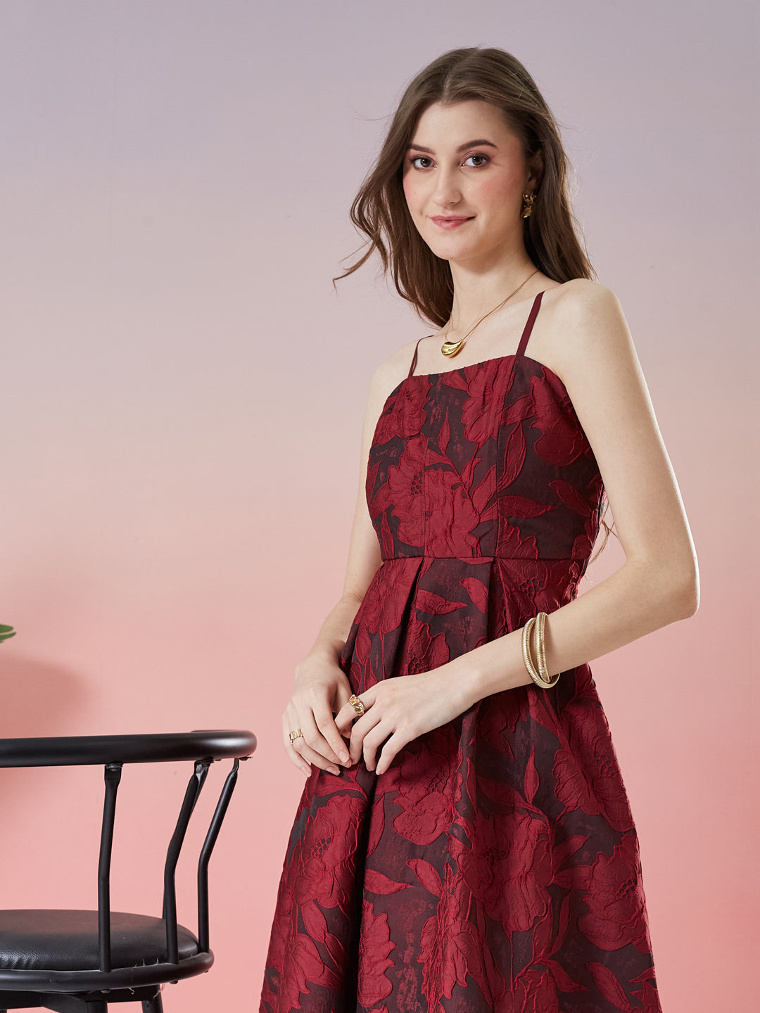 Latin Quarters Women's Wine Self Design Strappy Square Neck Party A-Line Dress