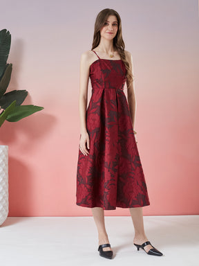 Latin Quarters Women's Wine Self Design Strappy Square Neck Party A-Line Dress