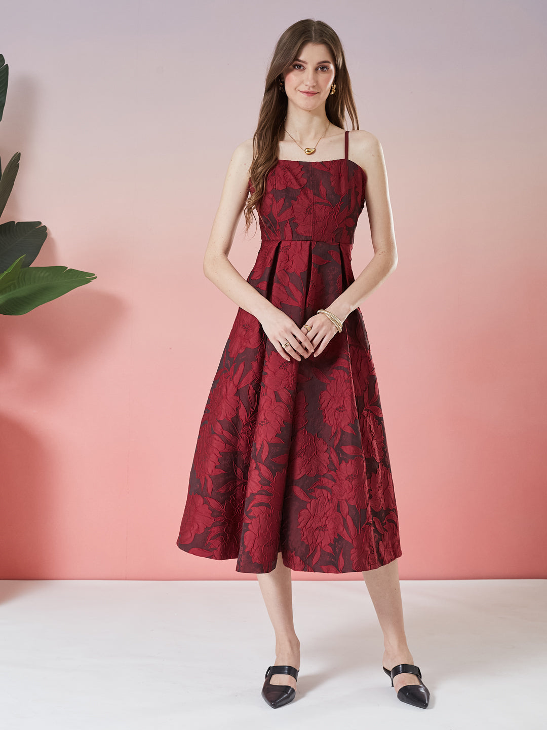 Latin Quarters Women's Wine Self Design Strappy Square Neck Party A-Line Dress