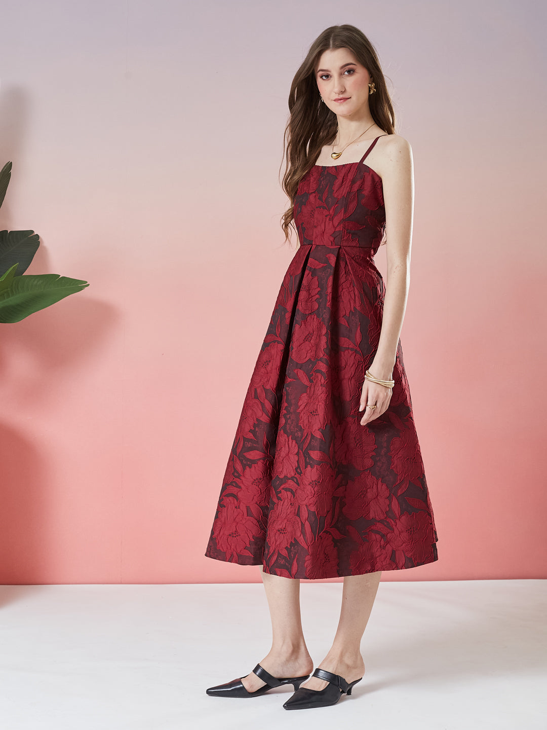 Latin Quarters Women's Wine Self Design Strappy Square Neck Party A-Line Dress
