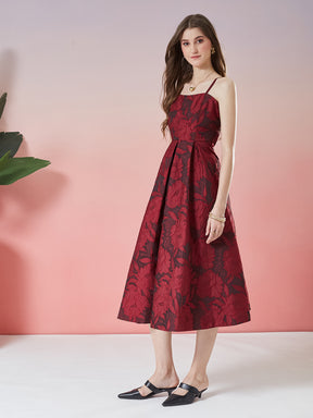 Latin Quarters Women's Wine Self Design Strappy Square Neck Party A-Line Dress
