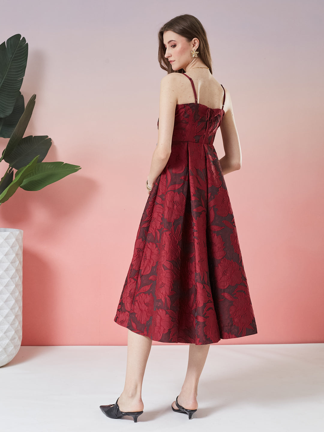 Latin Quarters Women's Wine Self Design Strappy Square Neck Party A-Line Dress