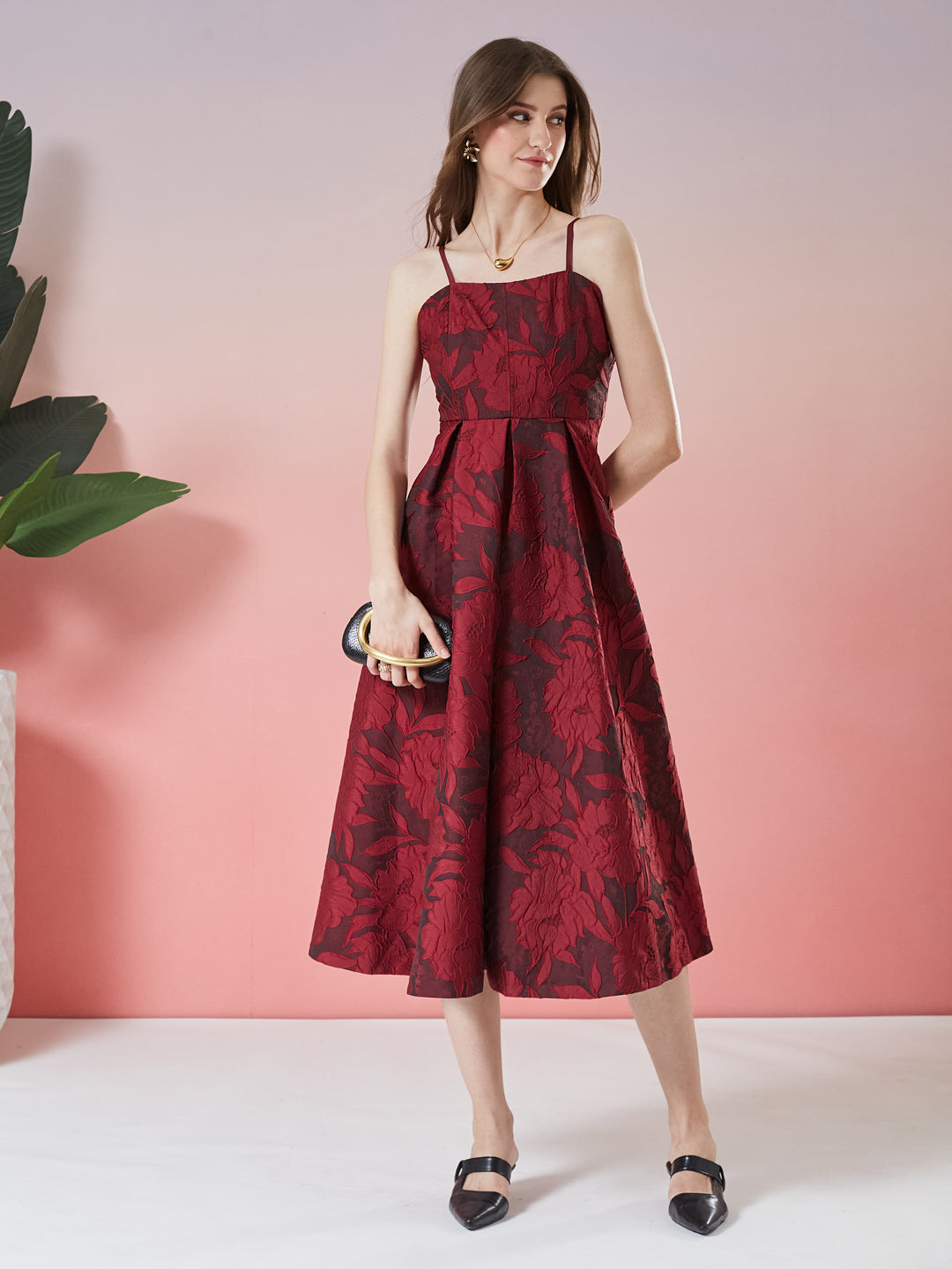 Latin Quarters Women's Wine Self Design Strappy Square Neck Party A-Line Dress