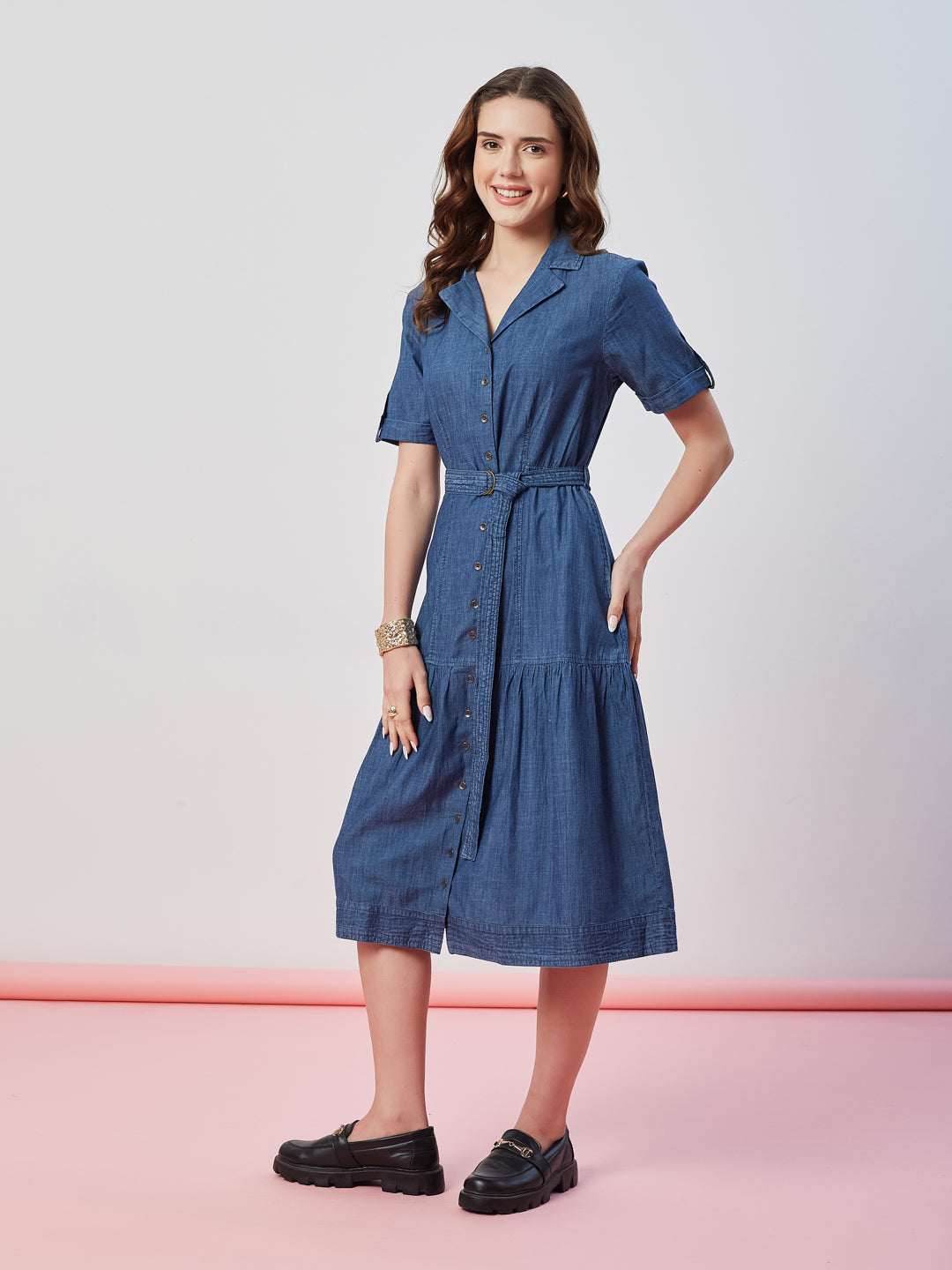 Latin Quarters Women's Blue Solid Half Sleeves Collar Neck Casual Shirt Dress