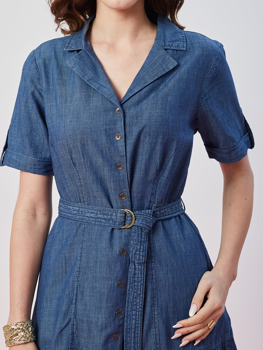 Latin Quarters Women's Blue Solid Half Sleeves Collar Neck Casual Shirt Dress