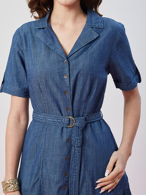 Latin Quarters Women's Blue Solid Half Sleeves Collar Neck Casual Shirt Dress