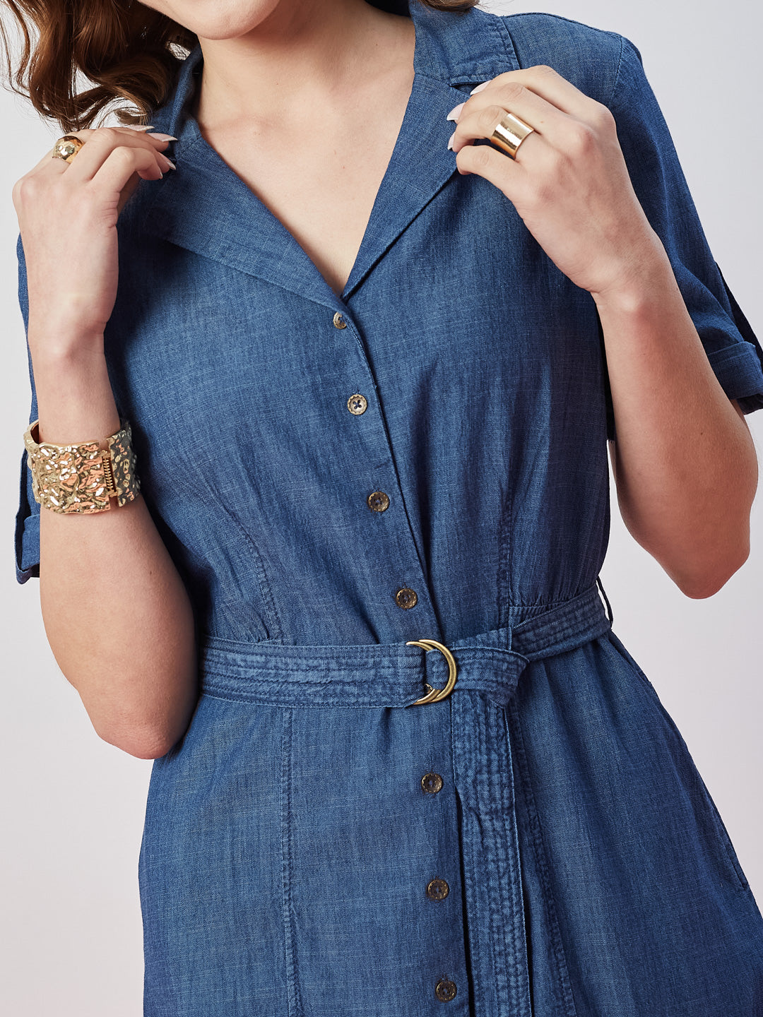 Latin Quarters Women's Blue Solid Half Sleeves Collar Neck Casual Shirt Dress