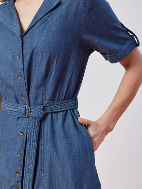 Latin Quarters Women's Blue Solid Half Sleeves Collar Neck Casual Shirt Dress