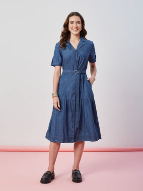 Latin Quarters Women's Blue Solid Half Sleeves Collar Neck Casual Shirt Dress