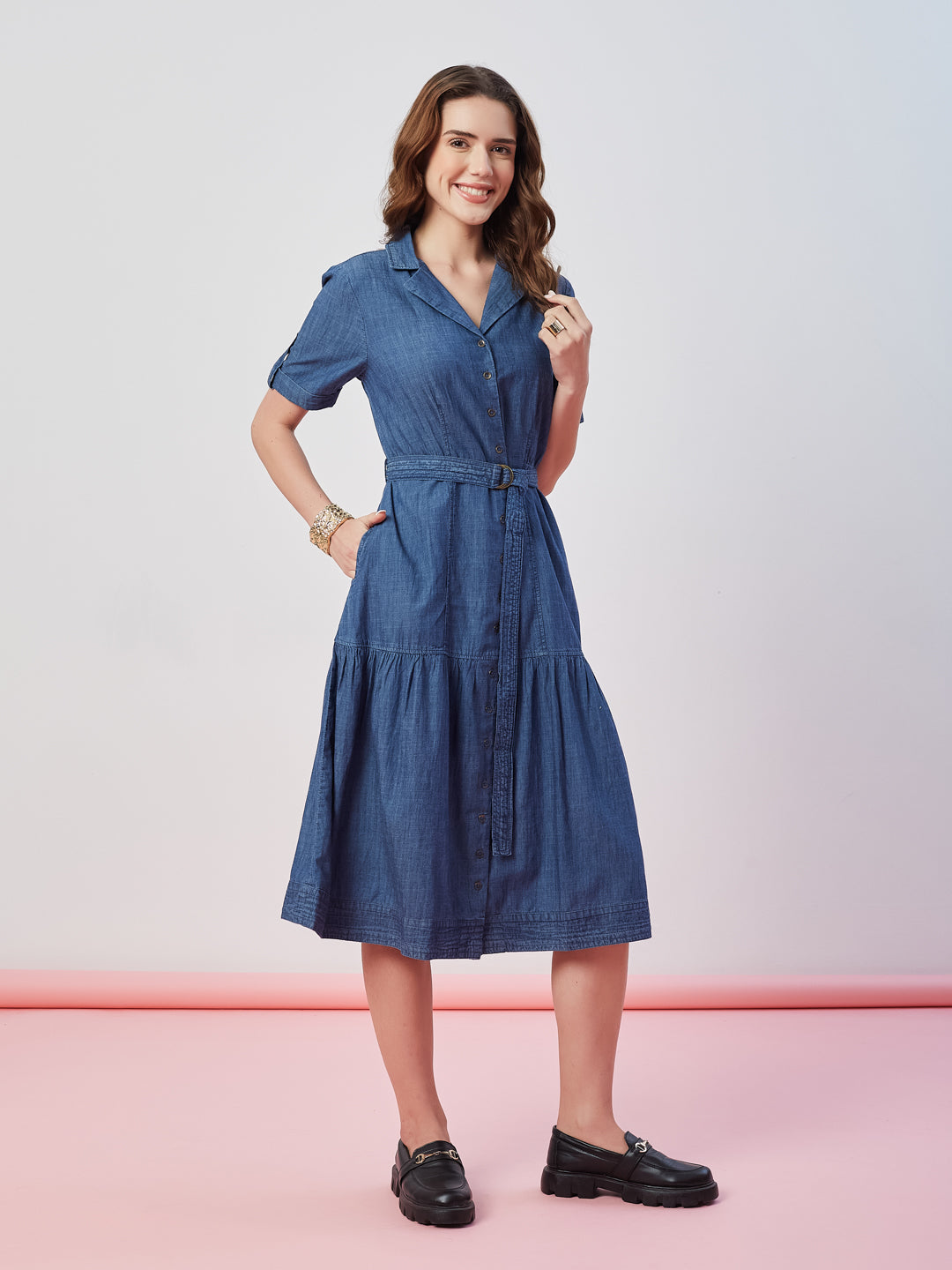 Latin Quarters Women's Blue Solid Half Sleeves Collar Neck Casual Shirt Dress