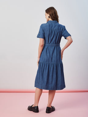 Latin Quarters Women's Blue Solid Half Sleeves Collar Neck Casual Shirt Dress