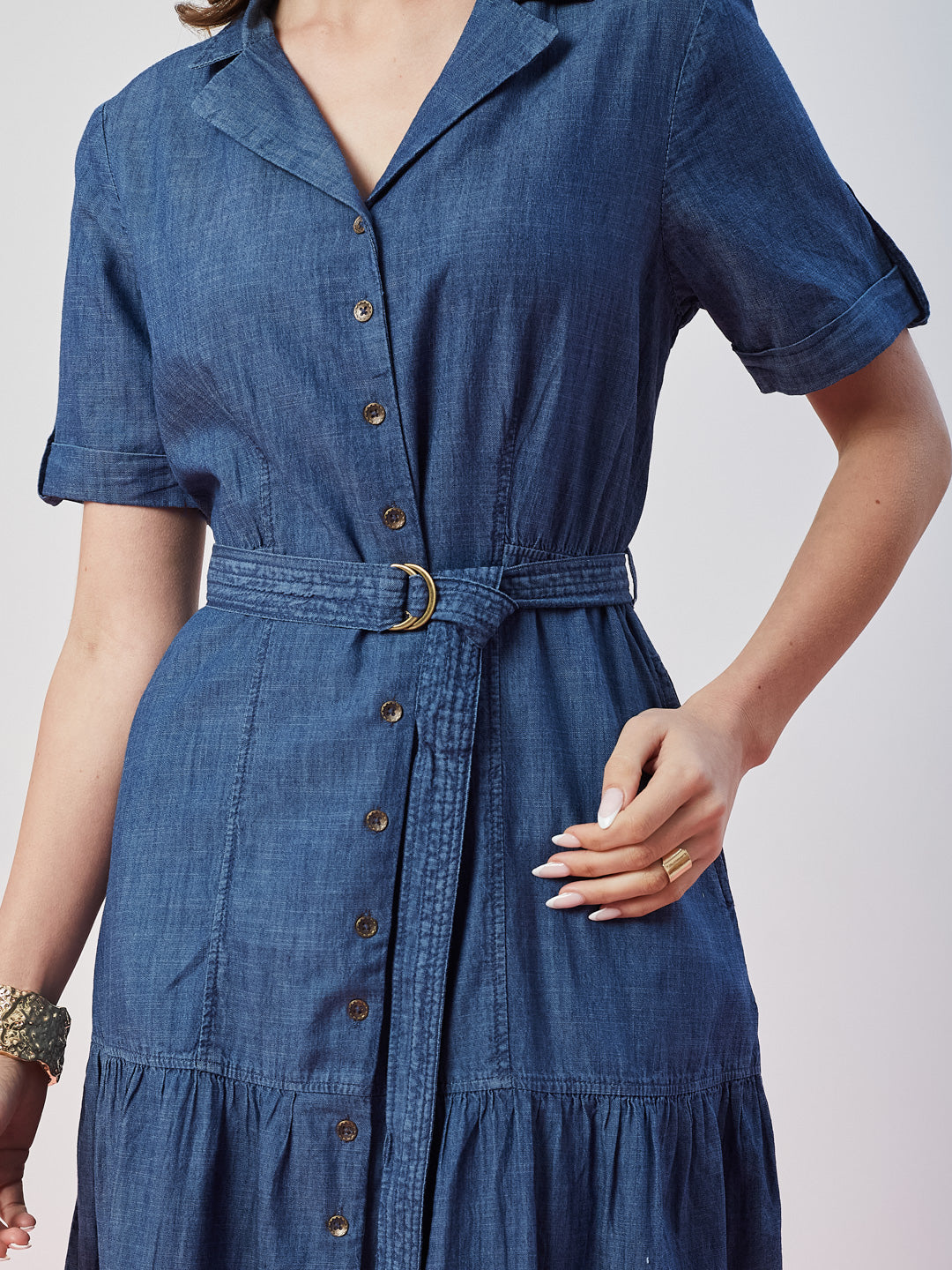 Latin Quarters Women's Blue Solid Half Sleeves Collar Neck Casual Shirt Dress