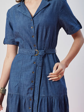 Latin Quarters Women's Blue Solid Half Sleeves Collar Neck Casual Shirt Dress