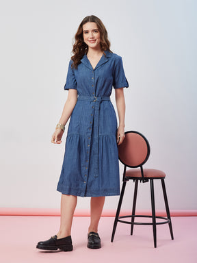 Latin Quarters Women's Blue Solid Half Sleeves Collar Neck Casual Shirt Dress