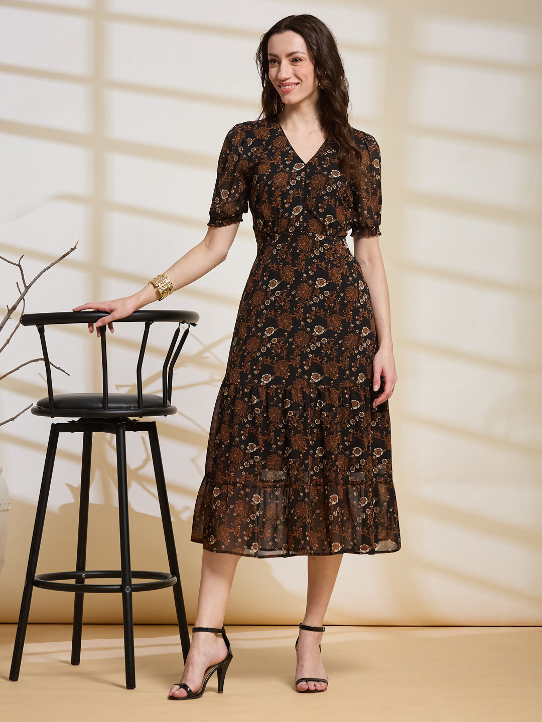 Latin Quarters Women's Brown Printed V-Neck Half Sleeve Casual A-Line Dress
