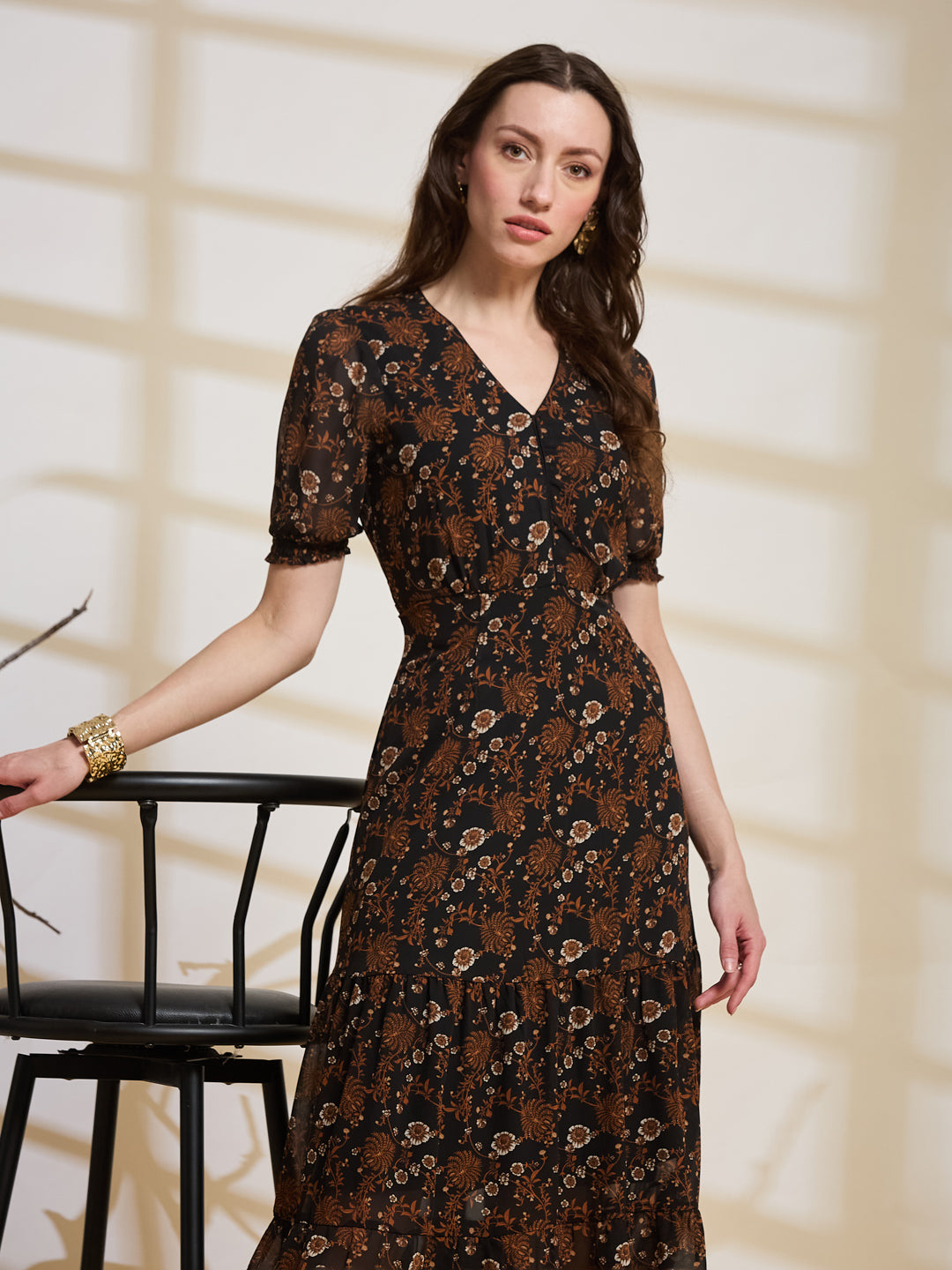 Latin Quarters Women's Brown Printed V-Neck Half Sleeve Casual A-Line Dress