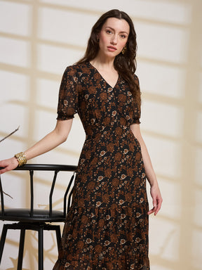 Latin Quarters Women's Brown Printed V-Neck Half Sleeve Casual A-Line Dress