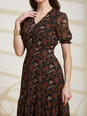 Latin Quarters Women's Brown Printed V-Neck Half Sleeve Casual A-Line Dress