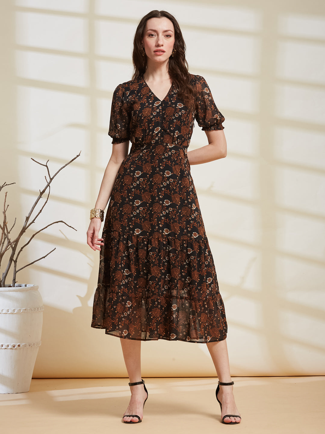 Latin Quarters Women's Brown Printed V-Neck Half Sleeve Casual A-Line Dress