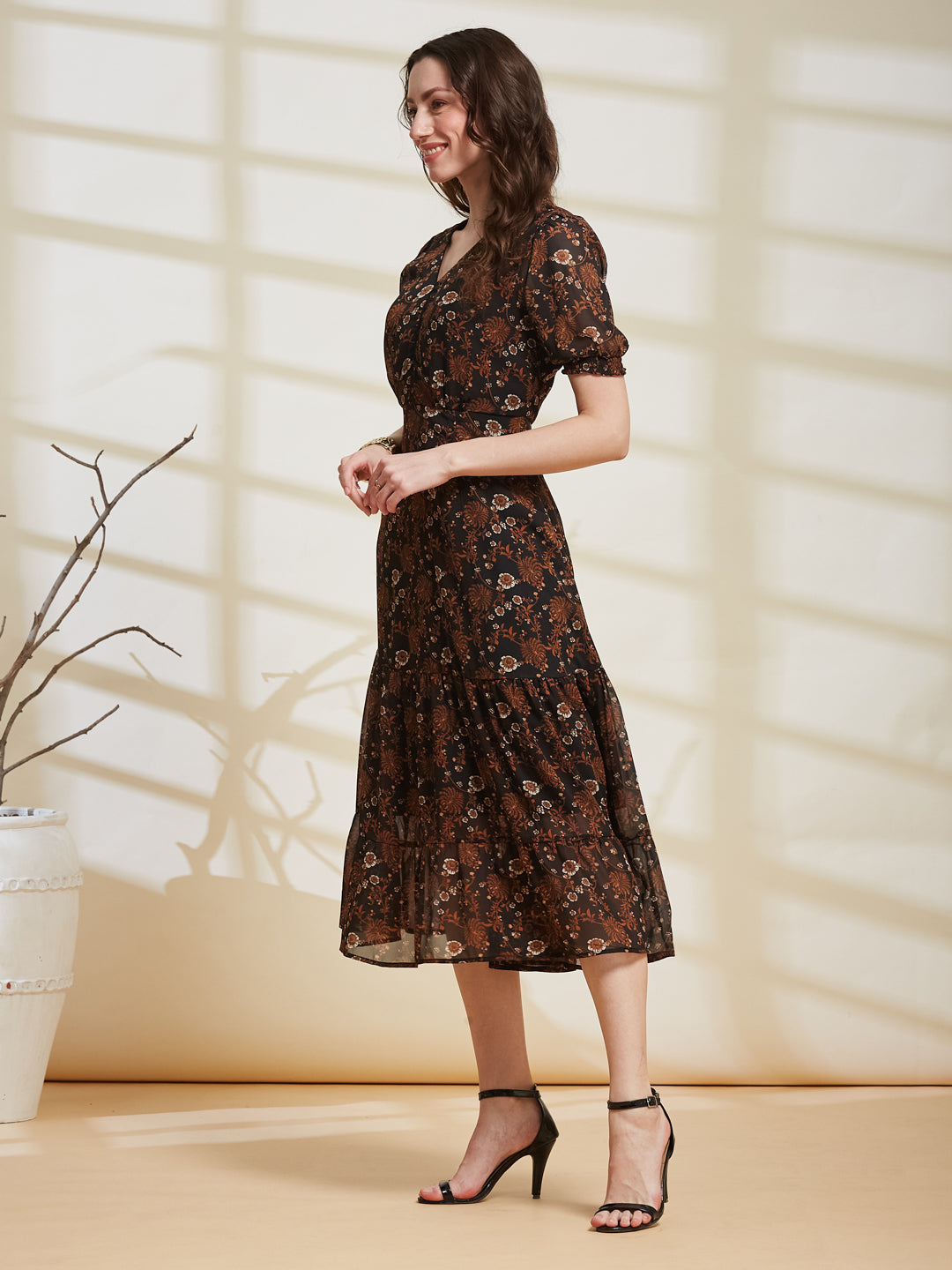 Latin Quarters Women's Brown Printed V-Neck Half Sleeve Casual A-Line Dress