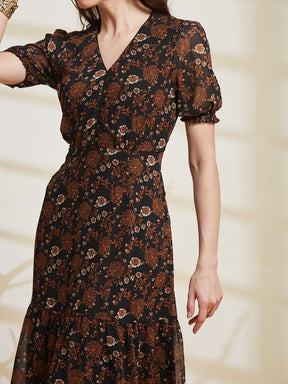 Latin Quarters Women's Brown Printed V-Neck Half Sleeve Casual A-Line Dress